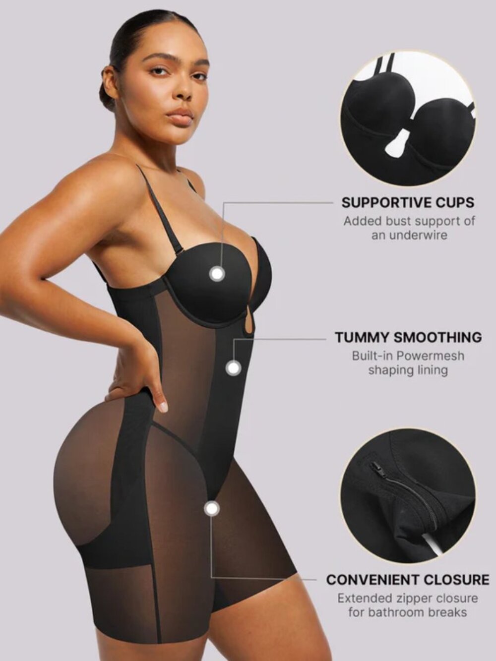 Shapellx BOOT-YEAH MeshSmooth Deep Plunge Bodysuit Black Ample+ S+ Small Small+ - Picture 3 of 6
